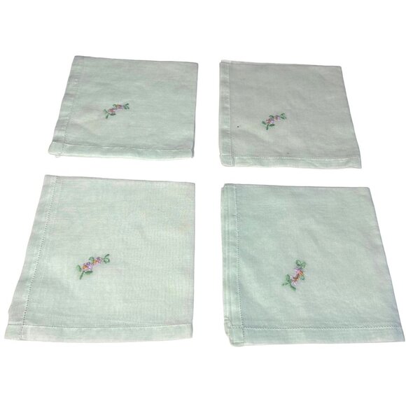 Vintage Embroidered Handkerchief Set of 4 Cross Stitch Ladies Mint Green - Picture 4 of 6